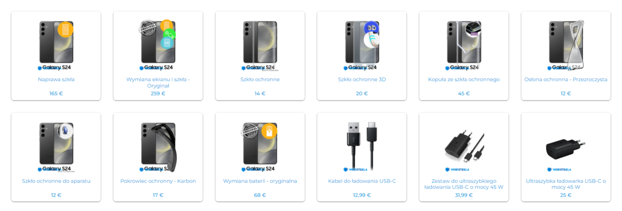 Wizualizacja różnych akcesoriów i usług serwisowych dla smartfona Samsung Galaxy S24: naprawa szkła, wymiana ekranu, szkło ochronne, szkło 3D, kopuła z szkła ochronnego, przezroczysta osłona, osłona aparatu, pokrowiec karbonowy, wymiana baterii, kabel USB-C, zestaw do ładowania oraz ładowarka USB-C. Ceny w eurosach są podane pod opisami usług i akcesoriów.