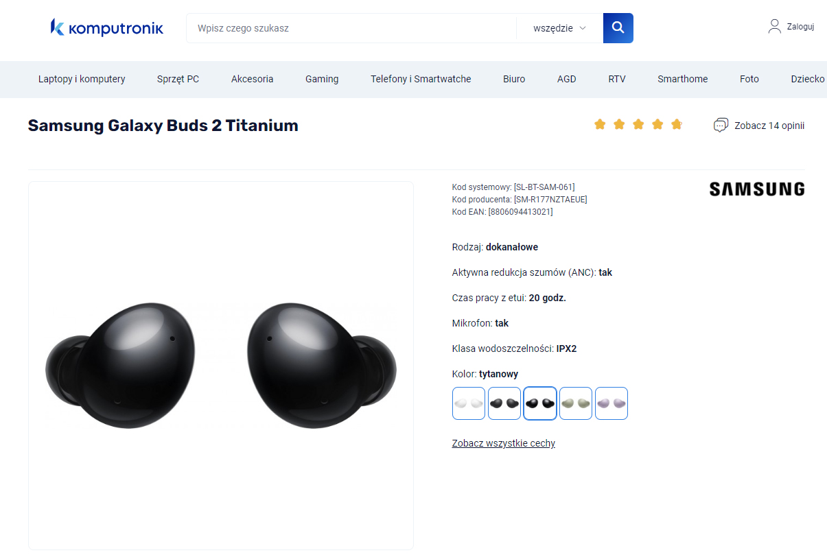 Czarne słuchawki bezprzewodowe Samsung Galaxy Buds 2 Titanium na białym tle.