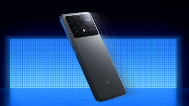 Smartfon POCO X^ Pro 5G z potrójnym aparatem fotograficznym, wyeksponowany na niebieskim tle z efektem świetlnym.