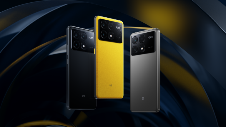 Trzy smartfony marki POCO ułożone obok siebie na tle z abstrakcyjnym wzorem w odcieniach niebieskiego i żółtego. Każdy telefon ma wyeksponowany wielokrotny układ aparatów fotograficznych oraz logo 5G.