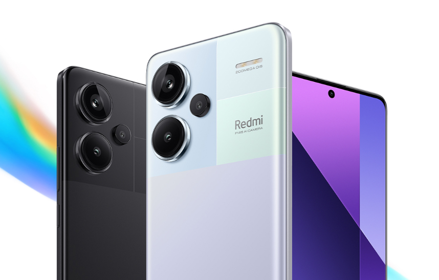 Smartphone Redmi com câmera tripla e flash na parte traseira e tela frontal com gradiente de cor do roxo ao preto.
