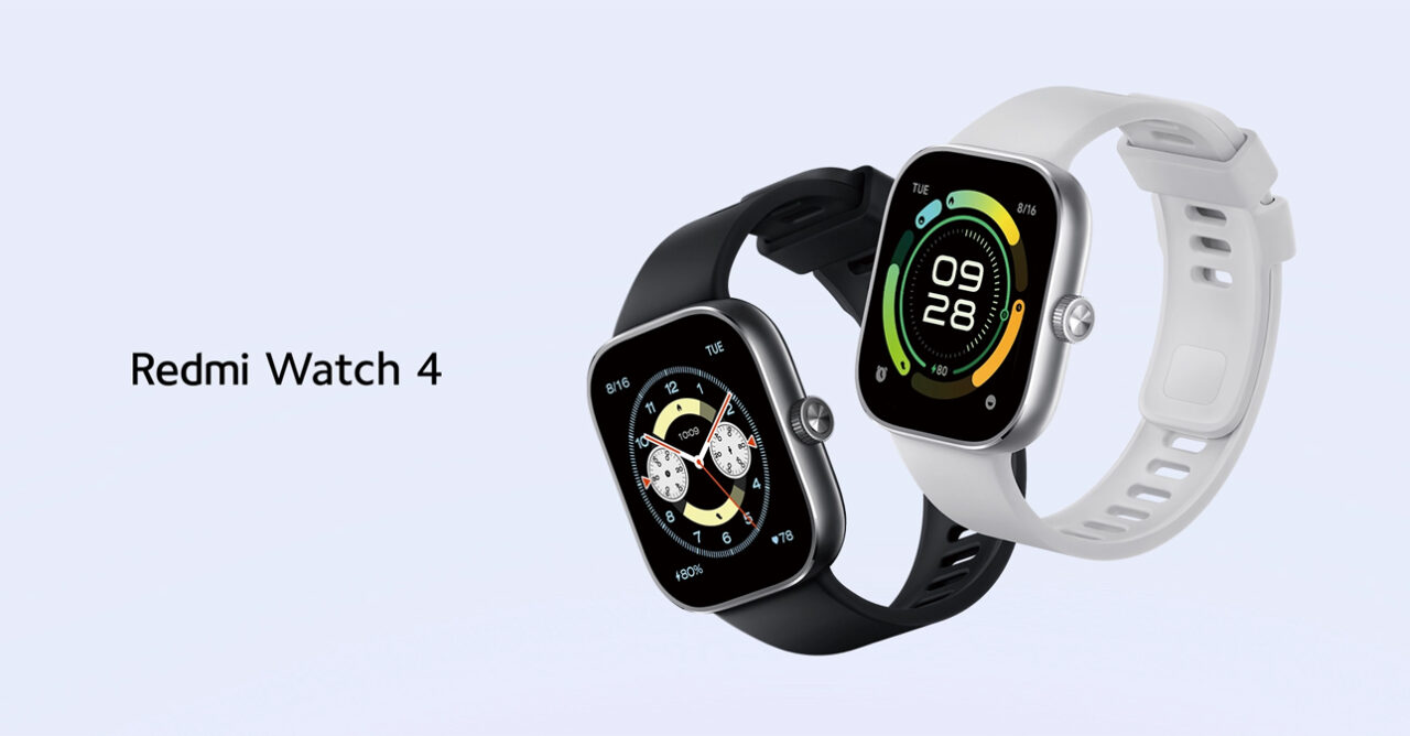 Dwa inteligentne zegarki Redmi Watch 4 na neutralnym tle z wyświetlaczami prezentującymi różne tarcze zegarka i informacjami zdrowotnymi.