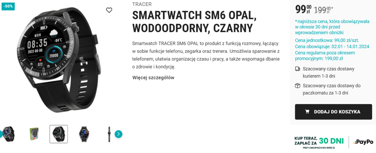 Czarny smartwatch TRACER SM6 OPAL na tle strony internetowej sklepu, z wyświetlonym ekranem pokazującym czas, datę, temperaturę i krokomierz oraz szczegółami produktu i ceną promocyjną.