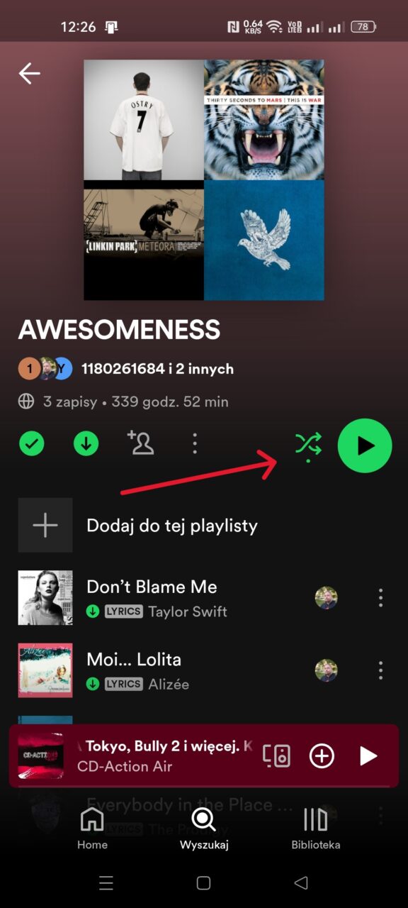 Zrzut ekranu aplikacji do strumieniowego przesyłania muzyki Spotify, wyświetlający playlistę zatytułowaną "AWESOMENESS" z miniaturami okładek albumów, utworami i ikonami użytkowników.