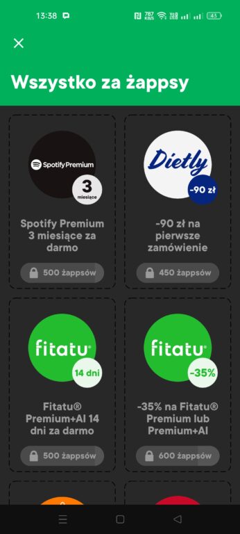 Ekran aplikacji mobilnej z promocjami, w tym Spotify Premium za darmo na 3 miesiące i zniżki na pierwsze zamówienie w Dietly oraz na subskrypcję Fitatu Premium. Na górze napis "Wszystko za ząppsy".