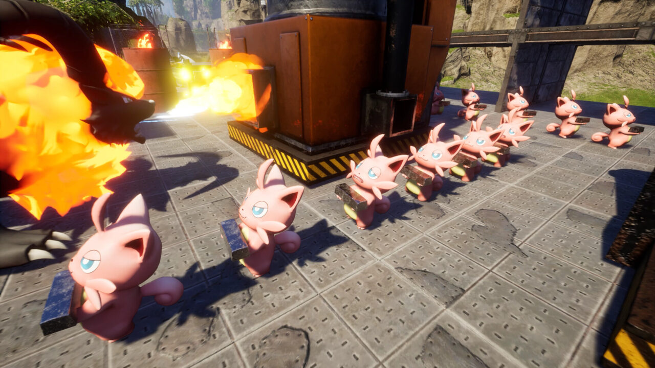 Scena w grze Palworld z figurkami różowych stworzeń (wyglądających jak postacie z gier), które idą w kierunku płonącej postaci, emitującej ogniste strumienie.