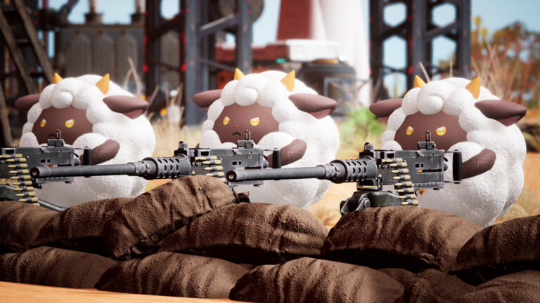 Trzy postacie Palworld przypominające postacie z gry Nintendo, kreskówkowe owce trzymające karabiny maszynowe, znajdujące się za kamiennymi umocnieniami.