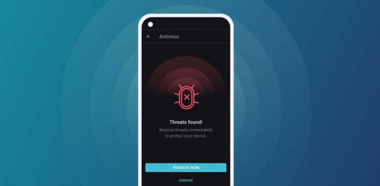 Smartfon wyświetlający ostrzeżenie antywirusowe z napisem "Threats found: Resolve threats immediately to protect your device" z przyciskami "RESOLVE NOW" i "IGNORE". Aplikacja SurfShark Antivirus