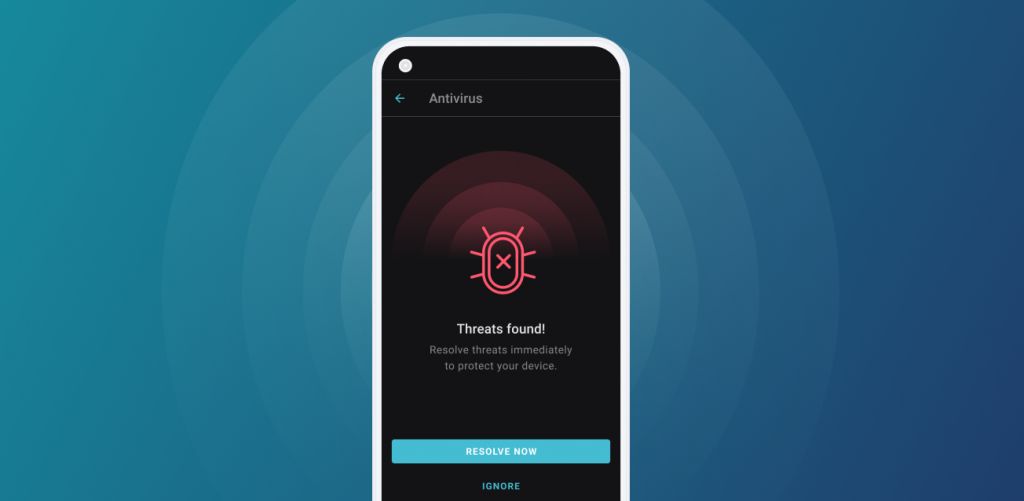 Smartfon wyświetlający ostrzeżenie antywirusowe z napisem "Threats found: Resolve threats immediately to protect your device" z przyciskami "RESOLVE NOW" i "IGNORE". Aplikacja SurfShark Antivirus