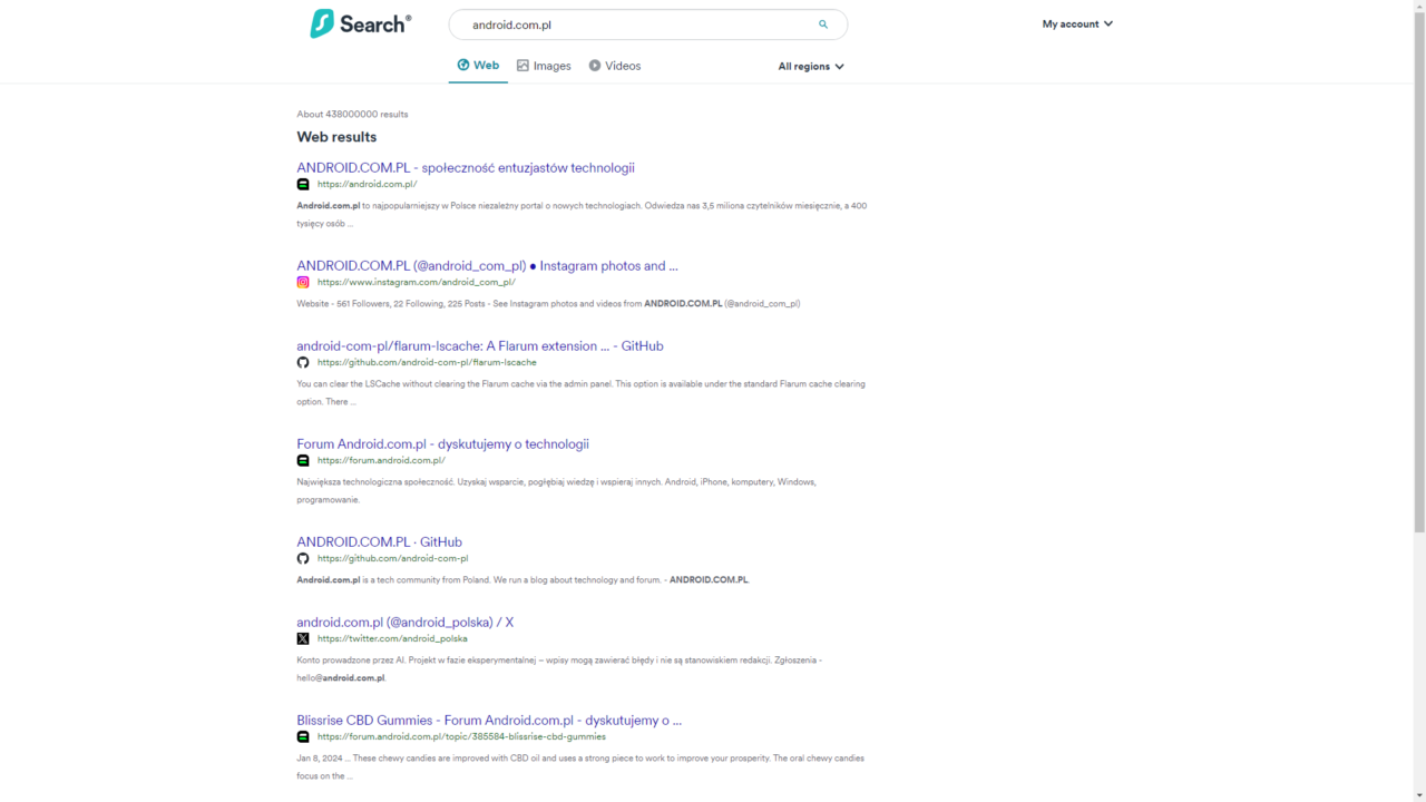 Zrzut ekranu z wynikami wyszukiwania w przeglądarce internetowej SurfShark VPN dla hasła "android.com.pl", wyświetlający listę linków do różnych sekcji serwisu android.com.pl, w tym strony głównej, Instagrama, forum dyskusyjnego oraz repozytorium GitHub.
