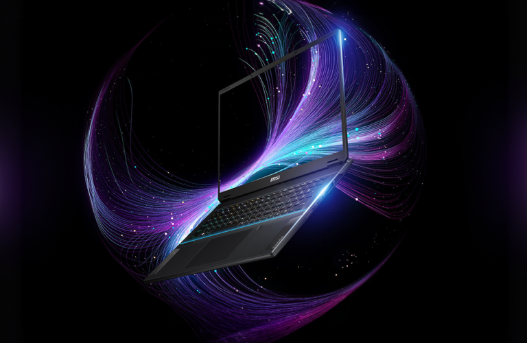 Laptop unosi się w przestrzeni z otwartym ekranem, otoczony przez dynamiczne, kolorowe linie świetlne na czarnym tle.