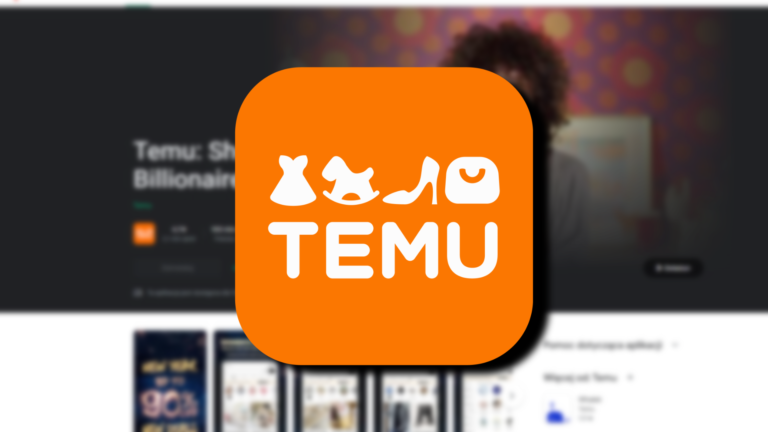 Logo aplikacji Temu na pomarańczowym tle, w tle rozmyte urządzenie elektroniczne z ekranem wyświetlającym inne aplikacje.