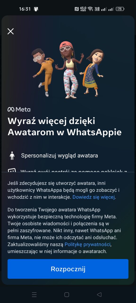 Zrzut ekranu aplikacji WhatsApp z grafiką przedstawiającą trzy radosne avatary, nagłówkiem "Wyraź więcej dzięki Awatarom w WhatsAppie" oraz opcjami personalizacji awatara i informacjami o prywatności.