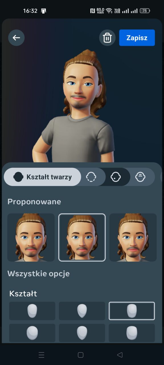 Zrzut ekranu interfejsu aplikacji do personalizacji awatara, wyświetlający avatar mężczyzny z długimi włosami i brodą, z opcjami wyboru kształtu twarzy poniżej oraz guzikiem "Zapisz" w rogu ekranu.