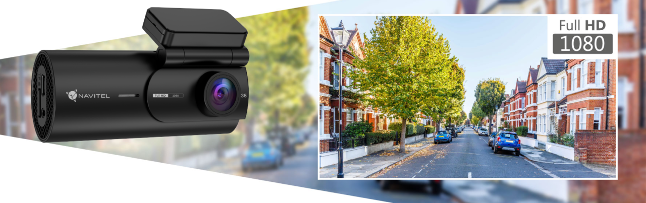 Czarny wideorejestrator samochodowy marki Navitel z napisem "Full HD 1080" i wyświetlanym obrazem ulicy z rzędowymi domami.