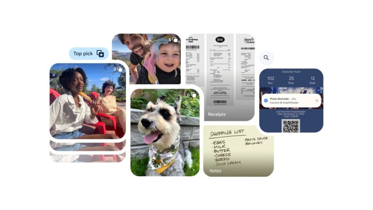 Kolaż zawierający zrzuty ekranu z aplikacji Zdjęcia Google, w tym zdjęcia osób i psa, bilety, przypomnienia, listę zakupów i paragony.