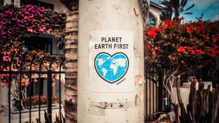 Naklejka "PLANET EARTH FIRST" z logiem Greenpeace na słupie, w tle roślinność i ogrodzenie.