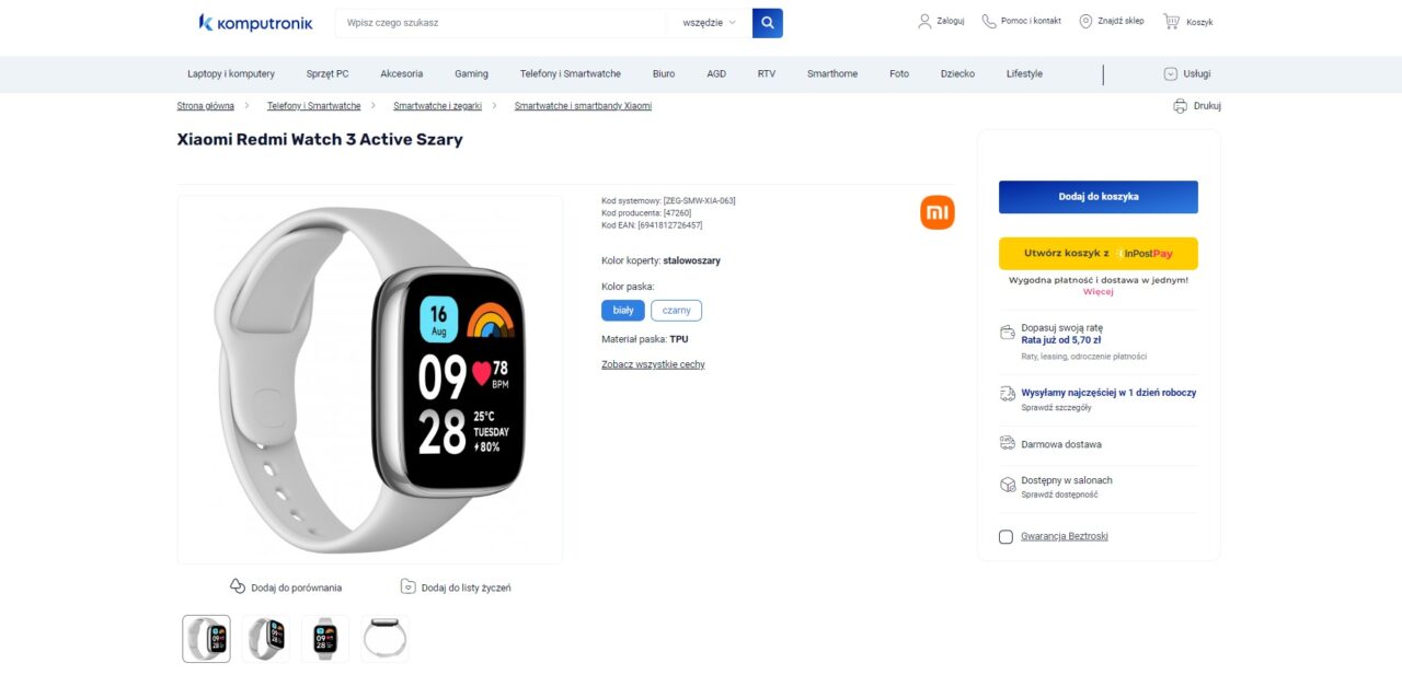 Zrzut ekranu strony produktu w sklepie internetowym Komputronik przedstawiający inteligentny zegarek Xiaomi Redmi Watch 3 Active w kolorze stalowoszarym z białym paskiem, który wyświetla interfejs z datą, godziną, tętnem i pogodą. Obok zdjęcia produktu widoczne są opcje wyboru koloru paska, informacje o materiale oraz przyciski dodania do koszyka i porównania produktów.