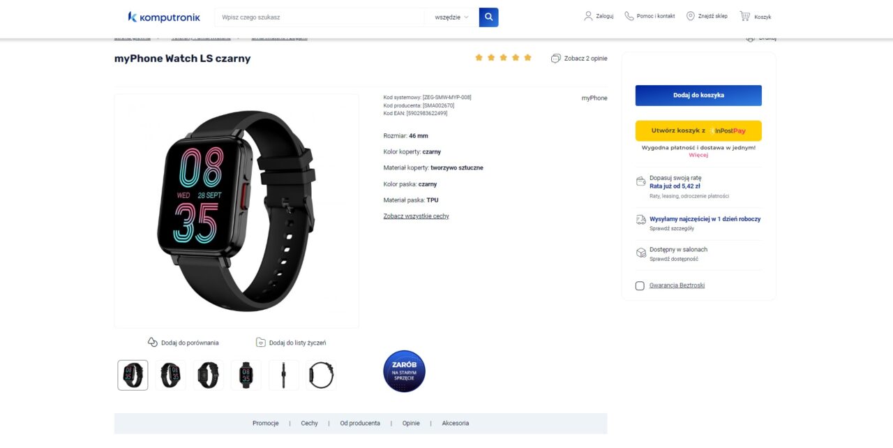 Zdjęcie inteligentnego zegarka myPhone Watch LS w kolorze czarnym na stronie internetowej sklepu Komputronik z widoczną datą "28 SEPT" i czasem "08:35" na wyświetlaczu.