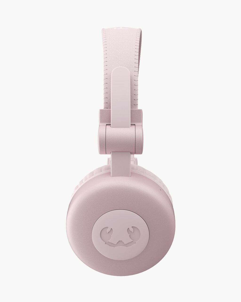 Różowe słuchawki nauszne z białym logo na prawej muszli.