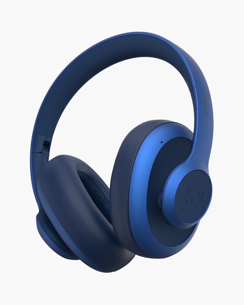 Niebieskie, bezprzewodowe słuchawki nauszne z mikrofonem i pokrętłem sterującym na muszli.