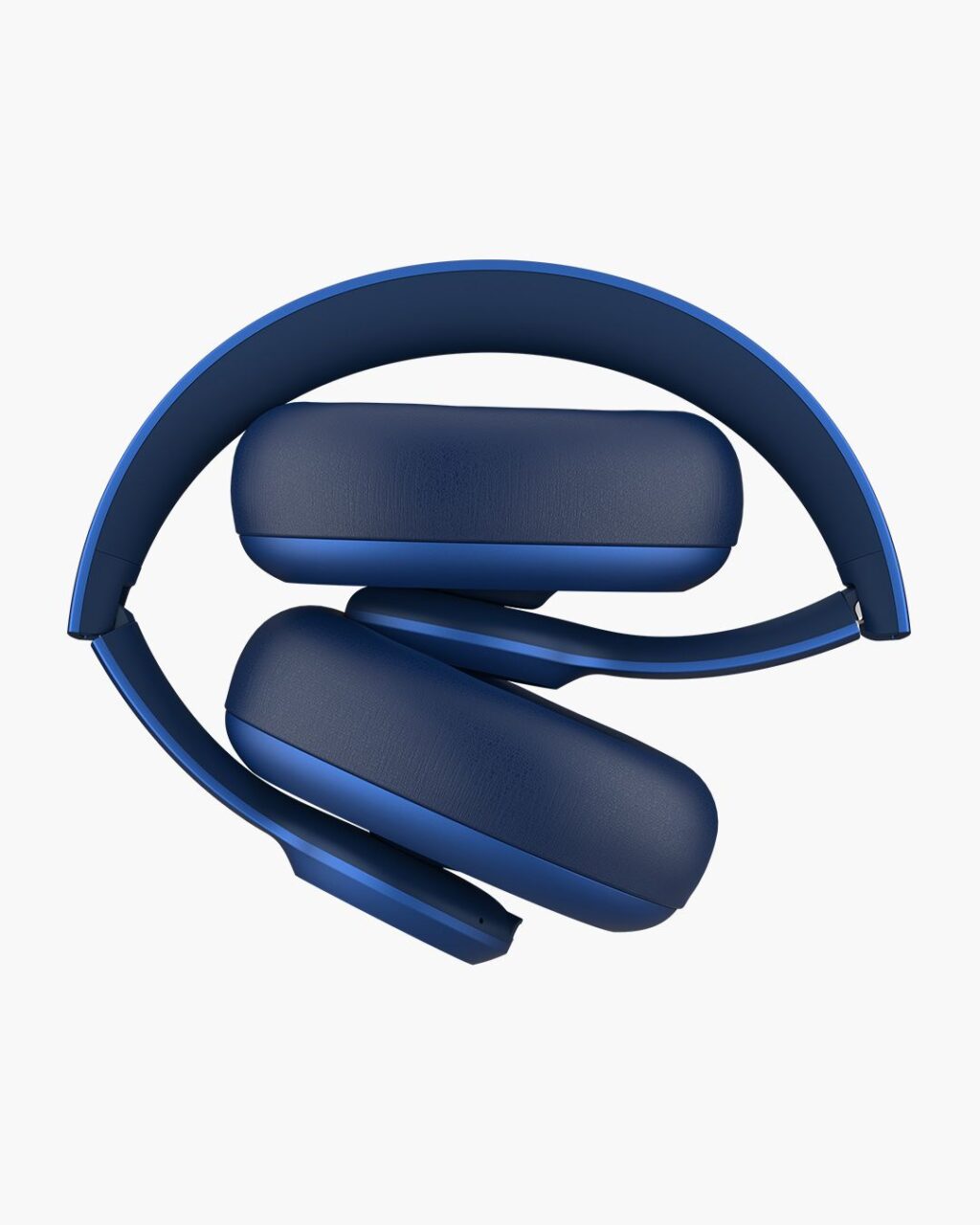 Niebieskie, bezprzewodowe słuchawki nauszne z miękkimi poduszkami i pałąkiem.