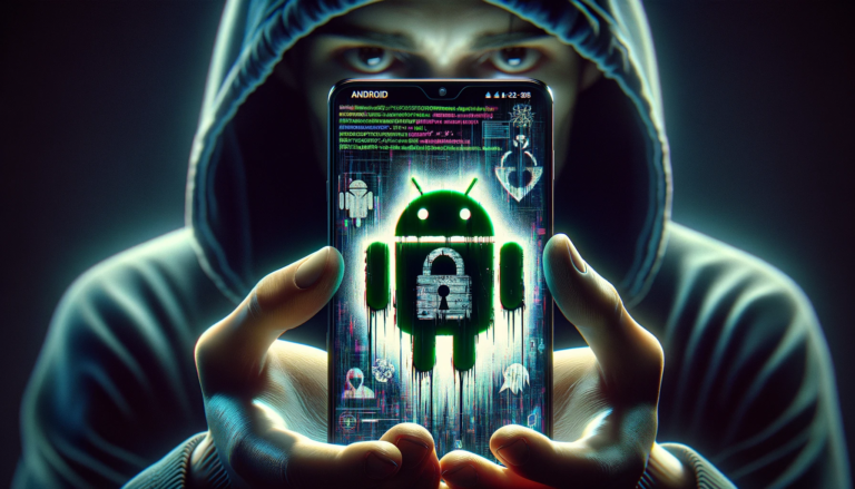 Osoba w kapturze trzyma smartfon, na którego ekranie wyświetla się ikona Androida i holograficzne, cyfrowe elementy.