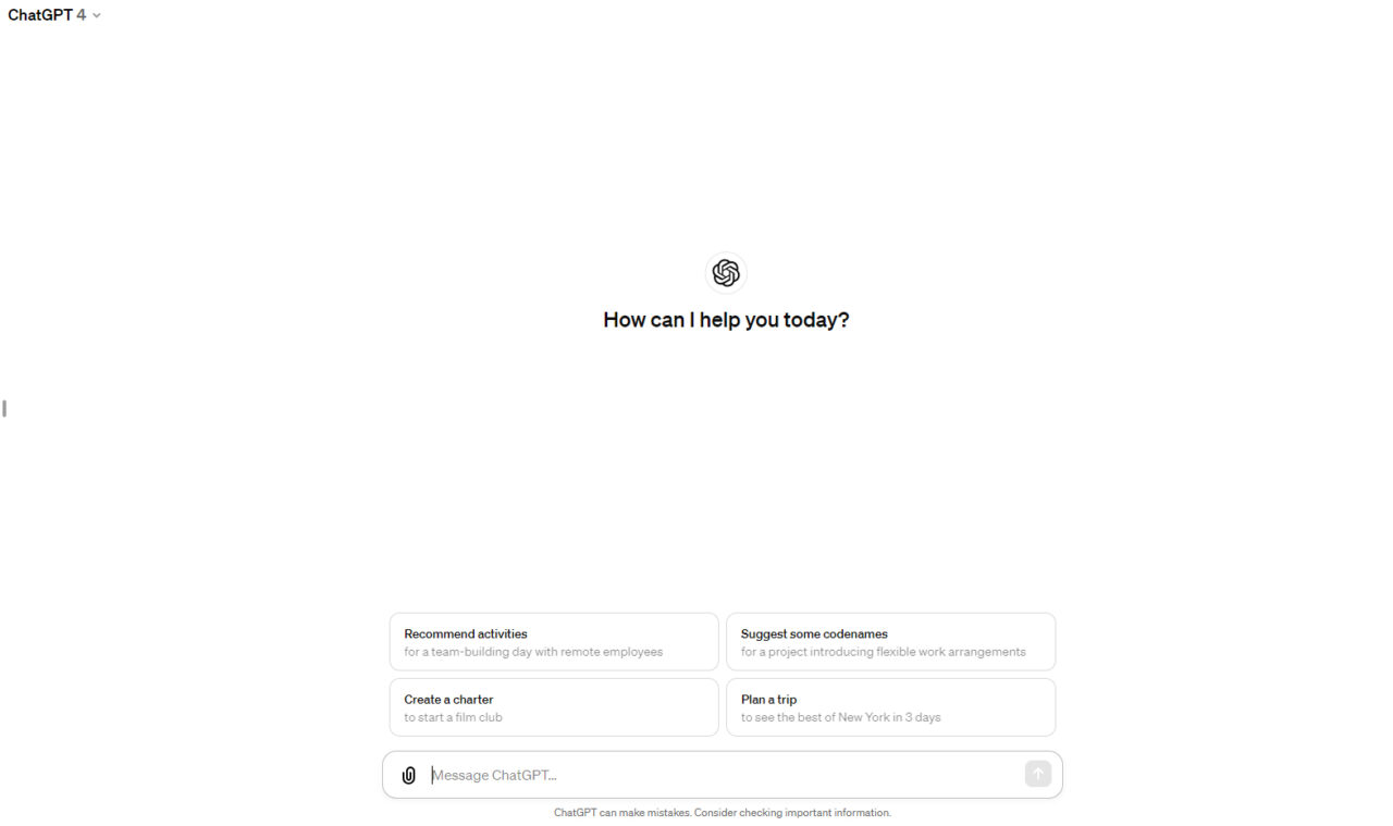 Interfejs użytkownika ChatGPT z pytaniem "How can I help you today?" oraz sugerowanymi akcjami, takimi jak "Recommend activities", "Create a charter" i inne, wyświetlony na monitorze komputera.