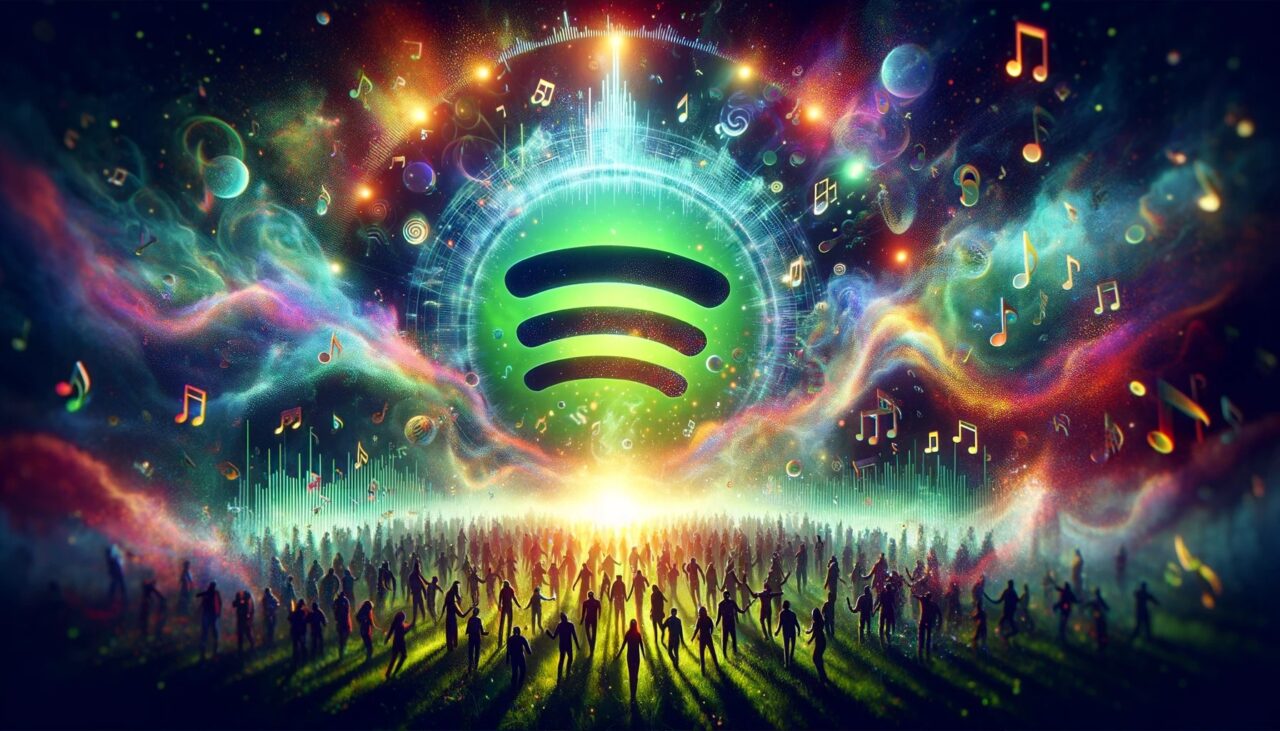 A imagem mostra uma multidão de pessoas com os braços levantados olhando para um centro irradiando luz que mostra o logotipo do Spotify cercado por símbolos musicais, como notas musicais e claves de sol, em um fundo colorido e cósmico.