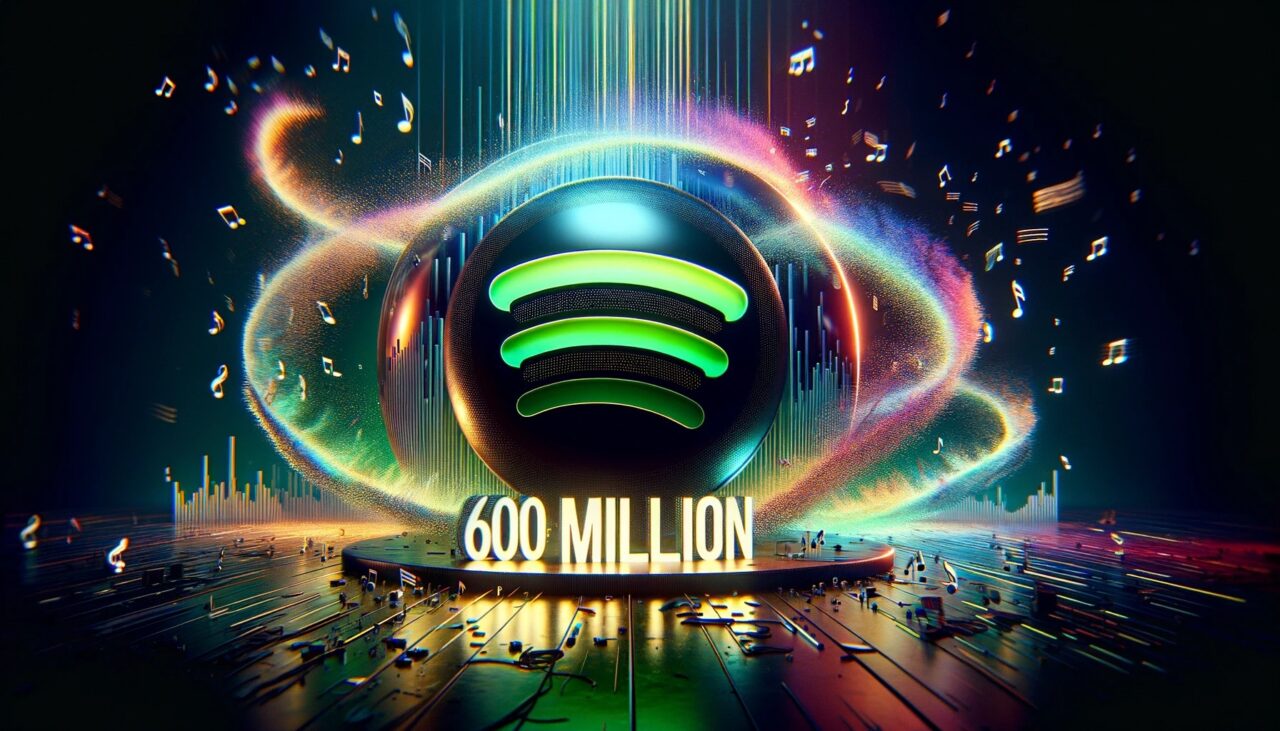 Visualizações de música digital com logotipo e inscrição do Spotify posicionados centralmente "600 MILHÕES" contra um fundo exibindo efeitos de iluminação dinâmicos e notas musicais flutuantes.