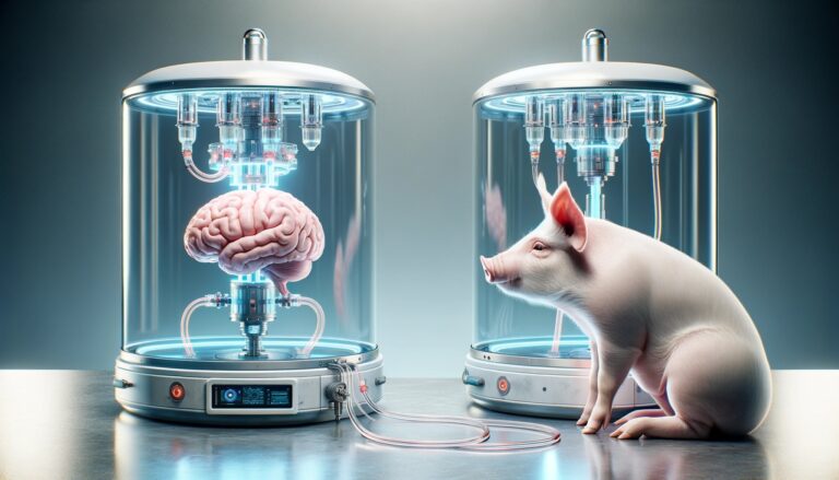 Cyfrowo stworzone grafika przedstawiająca ludzki mózg podłączony do aparatury w przezroczystym zbiorniku, obok którego siedzi świnia patrząca w jego stronę. FlowChoice sposobem na utrzymanie mózgu po śmierci.