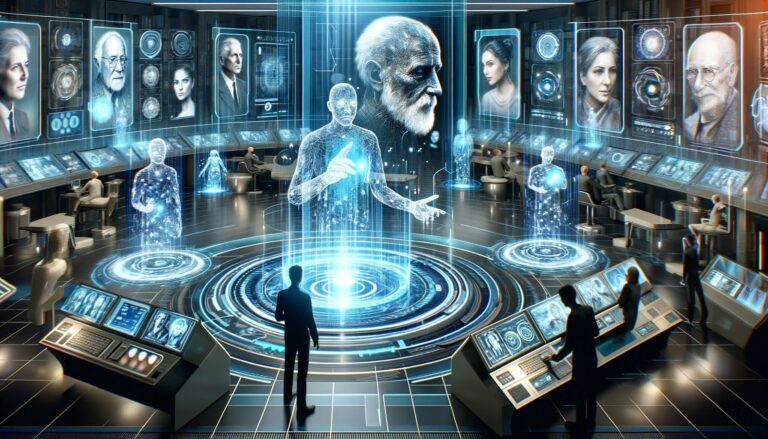 Osoba w garniturze stoi w futurystycznym centrum dowodzenia z hologramami ludzi i zaawansowanymi interfejsami użytkownika.