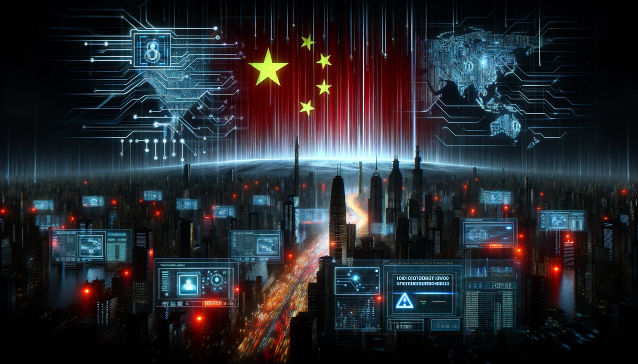Grafika do tekstu "Citizen Lab demaskuje sieć chińskiej dezinformacji". Grafika przedstawiająca futurystyczne miasto z chińskimi flagami i elementami cyfrowymi, w tym mapy i interfejsy komputera.