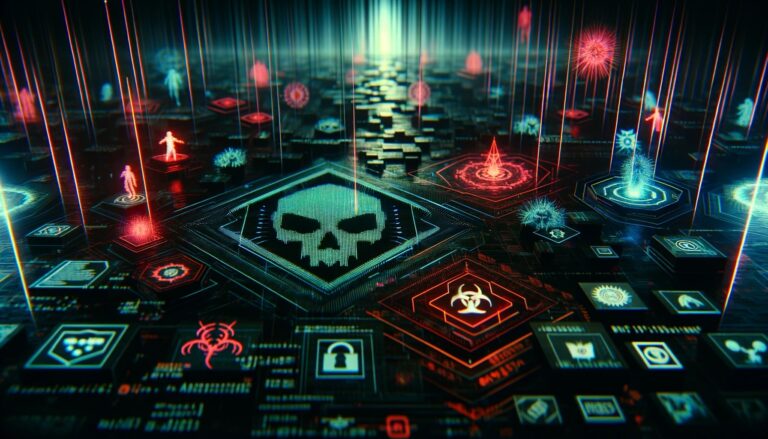 Cyfrowa ilustracja przedstawiająca abstrakcyjny krajobraz sieci z wirusami komputerowymi i symbolem czaszki na centralnym hologramie, symbolizująca zagrożenia cyberbezpieczeństwa.