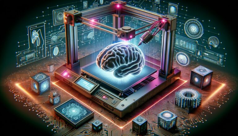 Ilustracja przedstawiająca trójwymiarową drukarkę tworzącą model ludzkiego mózgu, otoczoną przez wirtualne obrazy technologicznych symboli i schematów na tle układu scalonego.