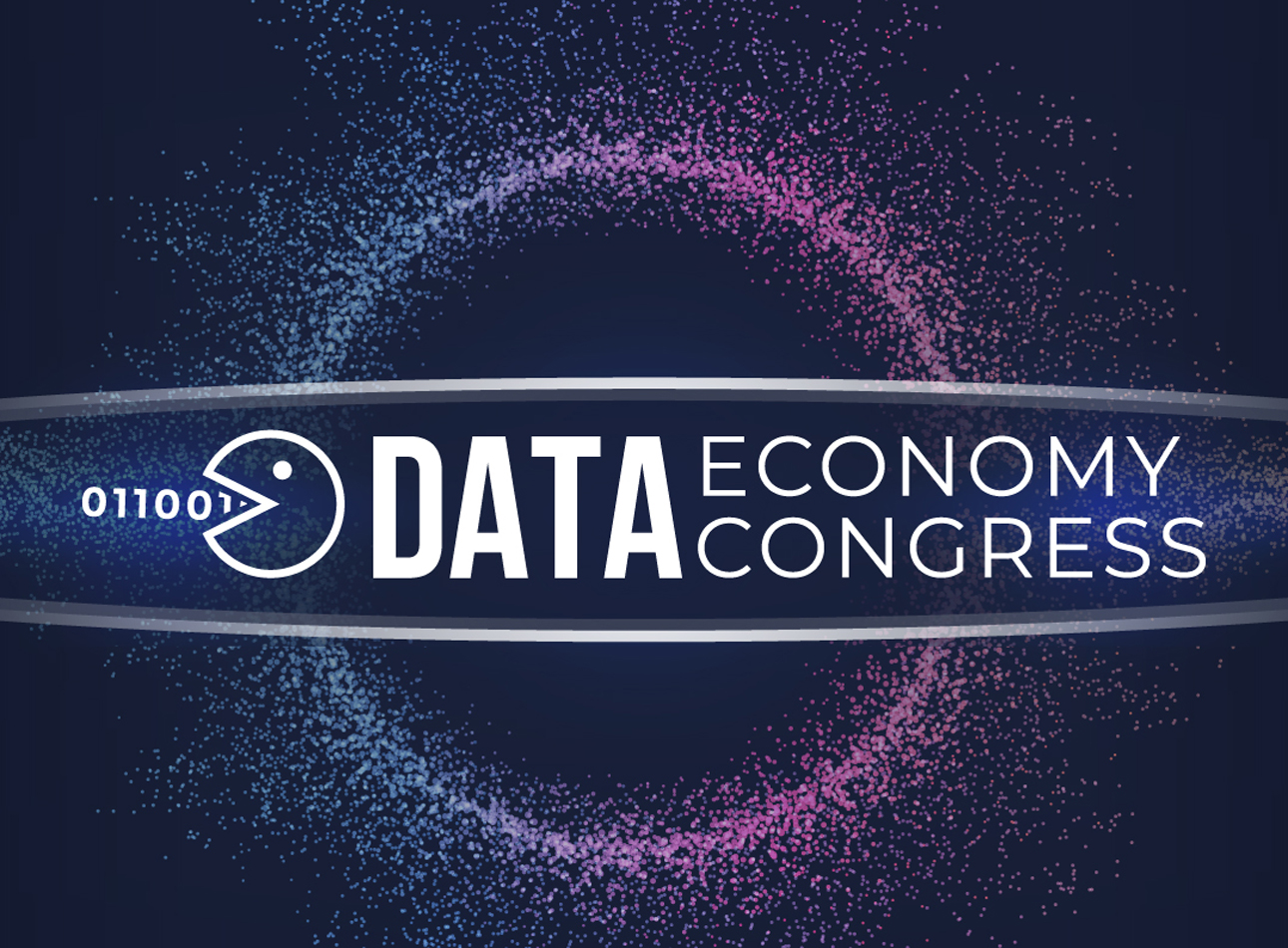 Grafika przedstawiająca logo "DATA ECONOMY CONGRESS" na ciemnoniebieskim tle z supernową i cyfrowym kodem binarnym.