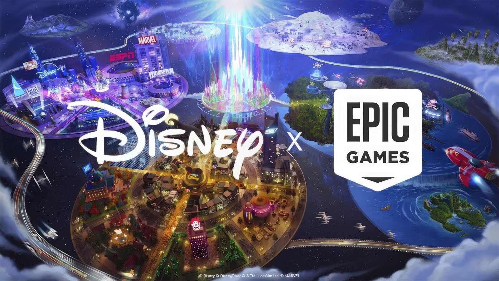 Kolorowy i fantastyczny obraz przedstawiający kolaborację Disney i Epic Games, z ikonicznymi elementami obu marek tworzącymi dynamiczny krajobraz pełen atrakcji i charakterystycznych symboli, takich jak zamki i postacie z różnych uniwersów, z widocznymi logo obu firm.