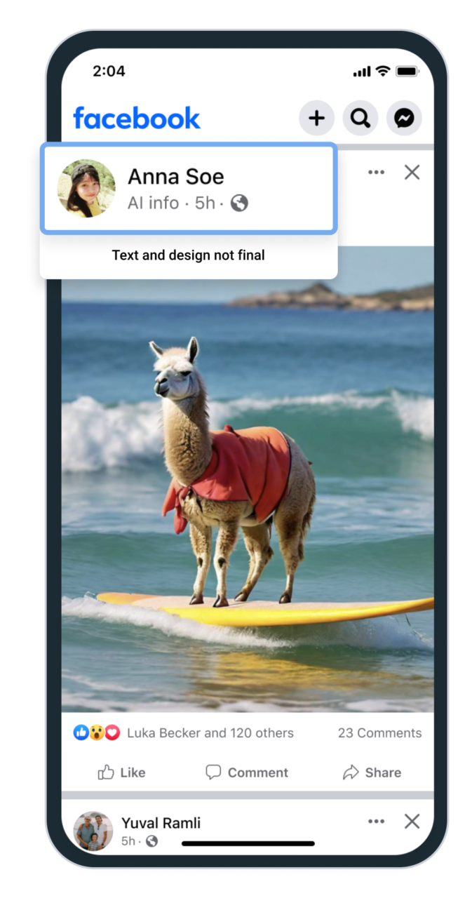 Zrzut ekranu z Facebooka pokazujący post użytkownika Anna Soe: lama w czerwonej pelerynie stoi na desce surfingowej na wodzie.