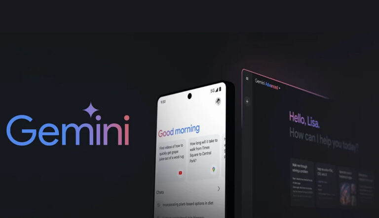Inteligentny interfejs użytkownika na ekranie smartfona i monitora z napisami "Good morning" i "Hello, Lisa. How can I help you today?" oraz logo "Gemini" na ciemnym tle.