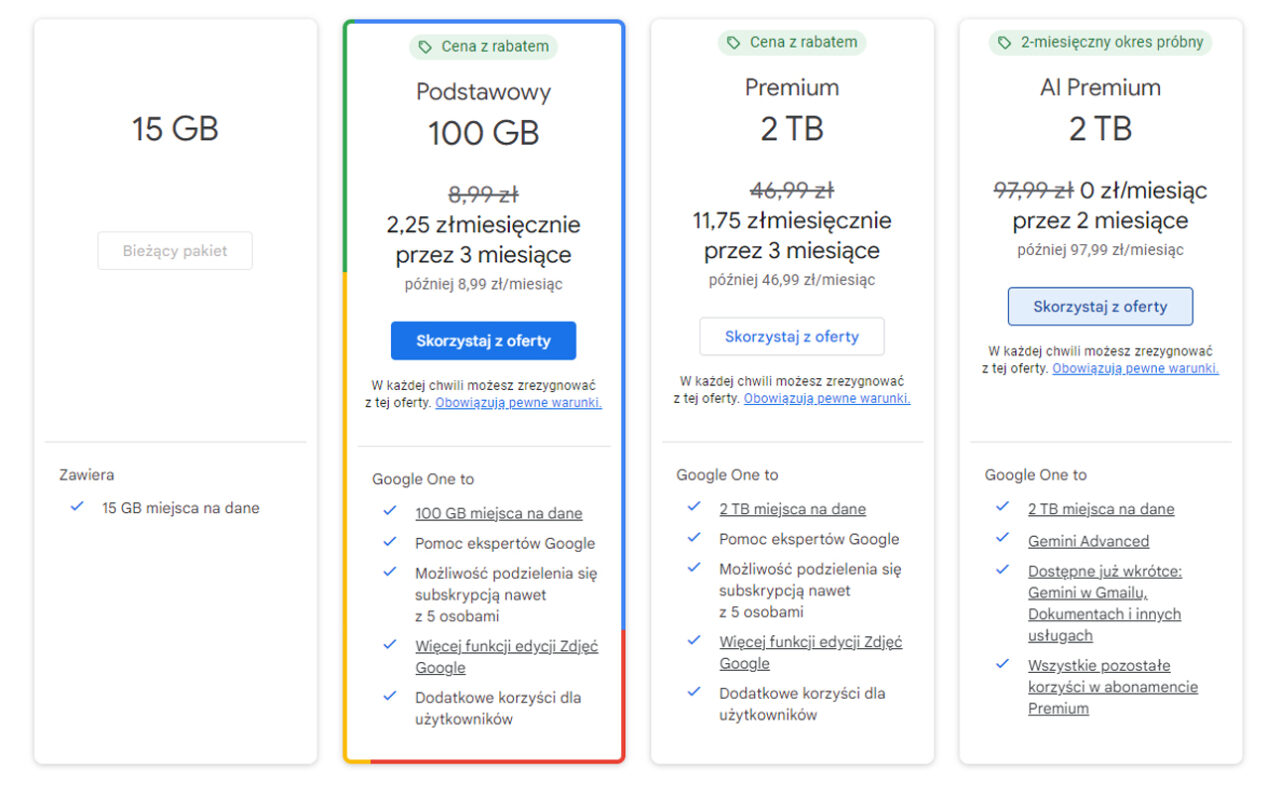 Uma captura de tela dos três planos de armazenamento do Google One: 15 GB (plano atual), Basic 100 GB e Premium 2 TB, com preços, recursos e botões "Aproveite a oferta".
