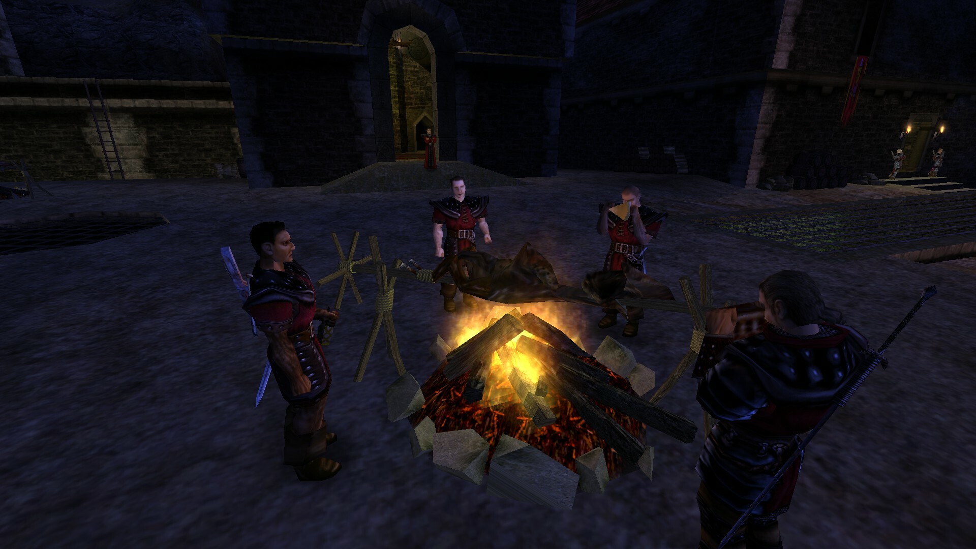Postacie w średniowiecznych zbrojach odpoczywają przy ognisku w nocnej scenerii średniowiecznego zamku.