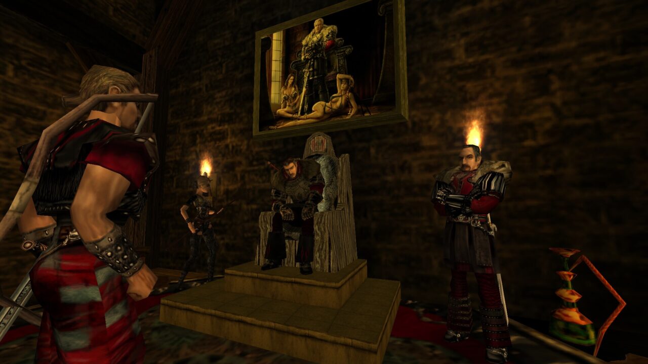 Kody do Gothic - grafika do tekstu. Scena z gry komputerowej przedstawiająca trzech postaci w średniowiecznym zamkowym wnętrzu z pochodniami, z których jedna siedzi na tronie, a dwie stoją w pozach strażniczych; na ścianie obraz z wizerunkiem władcy.