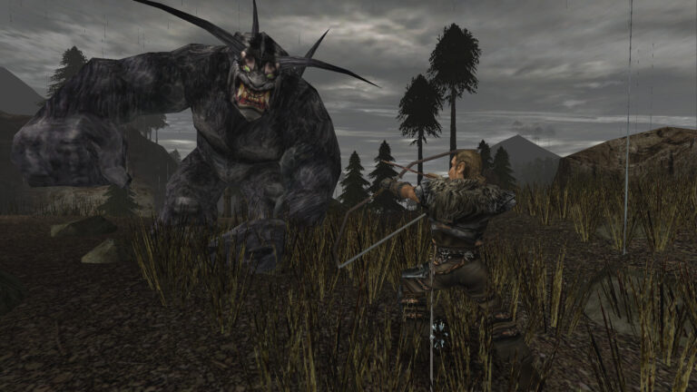 Człowiek z łukiem stoi naprzeciwko ogromnego potwora w mrocznym, deszczowym świecie gry wideo.