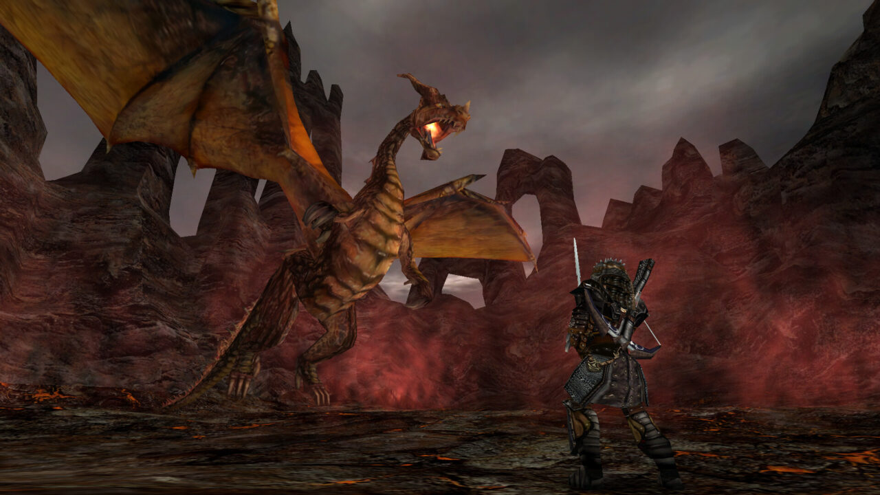 Kody do Gothic 2 - grafika do tekstu. Scena z gry komputerowej przedstawiająca konfrontację między postacią gracza w zbroi a smokiem na tle skalistego, wulkanicznego krajobrazu.