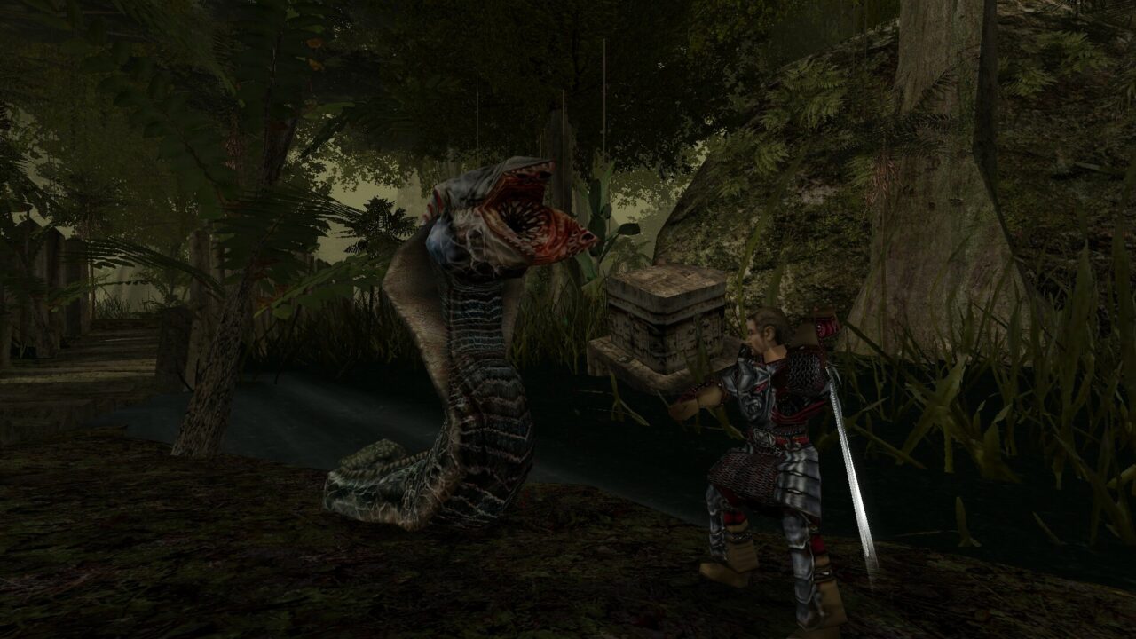 Postać w zbroi z mieczem stoi naprzeciw groźnie wyglądającego potwora w leśnym, bagnistym środowisku w grze komputerowej.