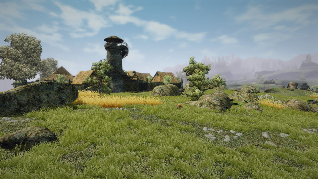 Obraz przedstawia wiejski krajobraz z kamiennym młynem na wzgórzu, otoczonym polami i drzewami na tle pochmurnego nieba.