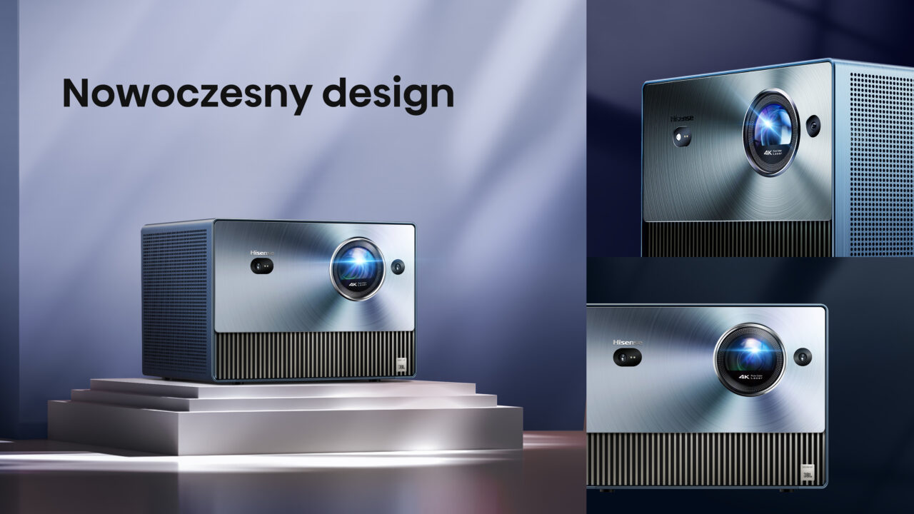 Projektory multimedialne z napisem "Nowoczesny design" w tle, prezentowane w trzech różnych ujęciach na gradientowym tle z niebiesko-szarymi odcieniami.