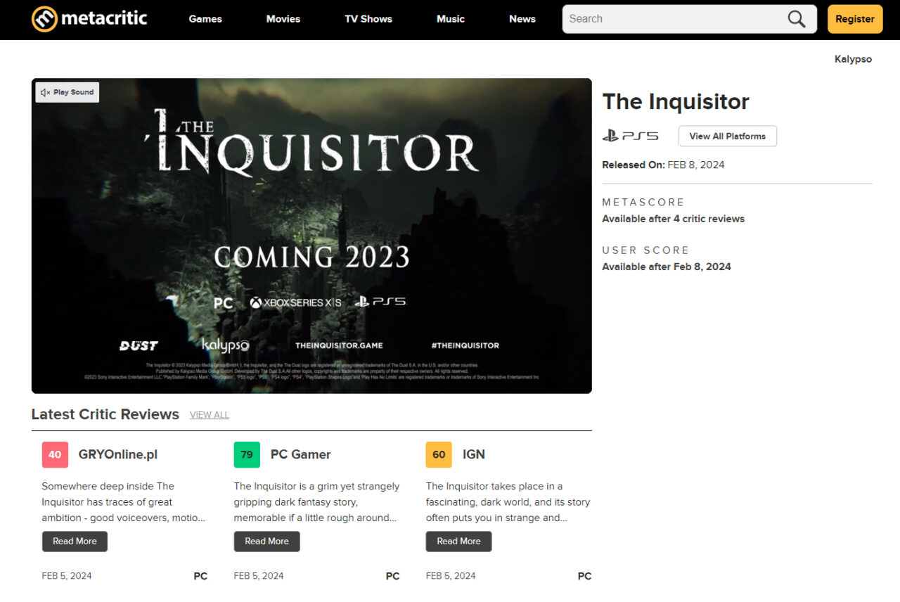 Strona internetowa Metacritic z zapowiedzią gry "The Inquisitor", pokazująca datę premiery "COMING 2023", dostępne platformy (PC, XBOX SERIES X|S, PS5) oraz adres strony gry. Po prawej informacje o grze, w tym data wydania "FEB 8, 2024", oraz miejsce na oceny krytyków i graczy, które pojawią się po 8 lutego 2024 roku. Pod spodem widoczne są trzy fragmenty recenzji z GRYOnline.pl, PC Gamer i IGN z przyznanymi ocenami.