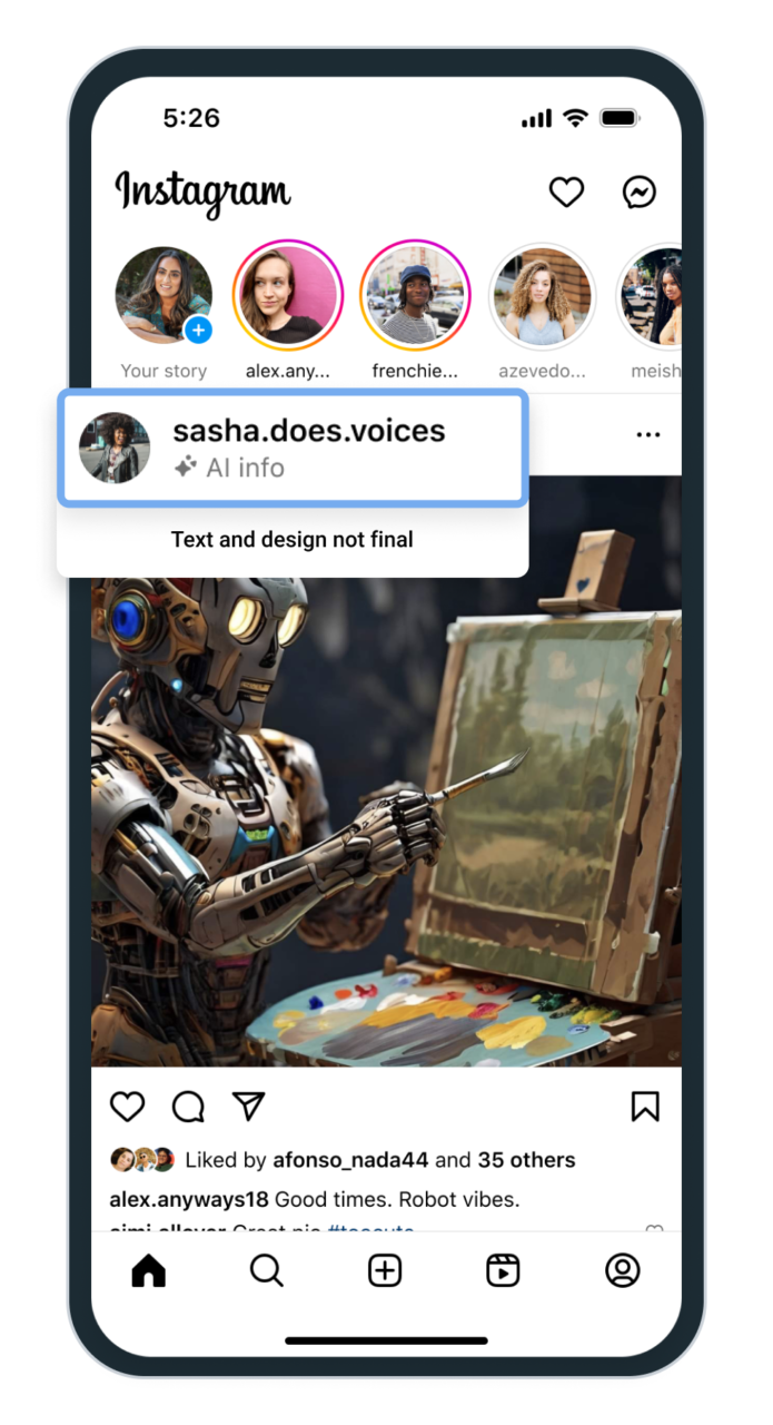 Zrzut ekranu postu na Instagramie przedstawiający robota malującego obraz na sztaludze, z komentarzami użytkowników i polubieniami na smartfonie.