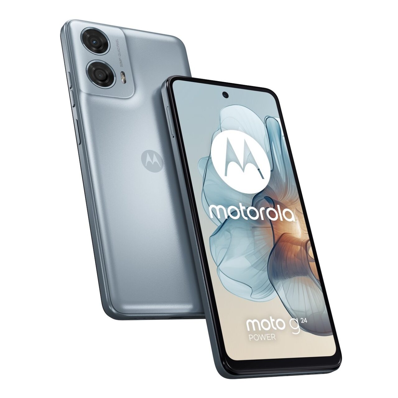 Smartfon Motorola z podwójnym aparatem, w kolorze srebrnym, z logo i nazwą marki na ekranie.